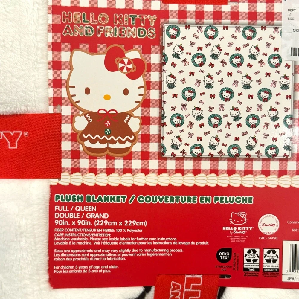 Hello Kitty Christmas Tree Dress & Wreaths Full/Queen Plush Christmas Blanket